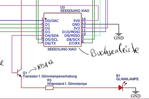 Schaltplan mit Seeeduino Xiao und Glimmlampenschaltung