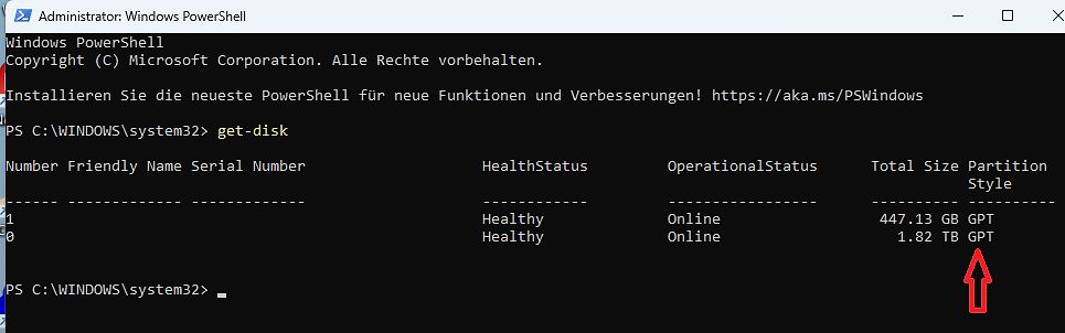 Windows PowerShell Ausgabe von get-disk
