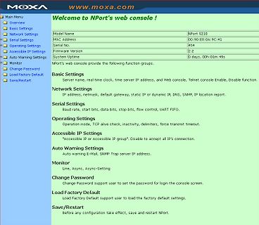 Web-Konsole eines Moxa NPort Geräts