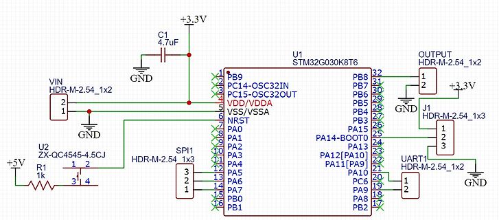 Schaltplan eines STM32G030K8T6 Mikrocontrollers