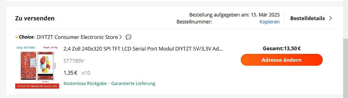 Bestellübersicht eines TFT LCD Moduls