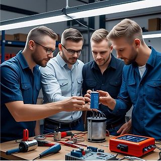 Vier Männer untersuchen ein elektronisches Bauteil in einer Werkstatt