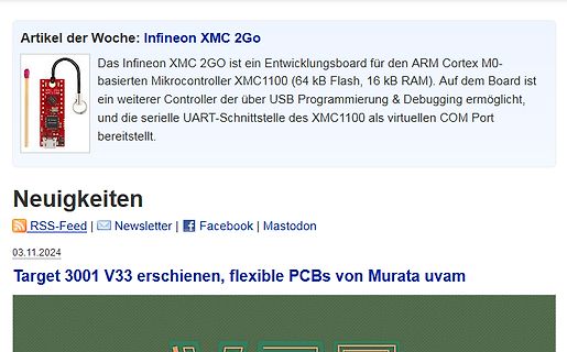 Screenshot eines Elektronik-Forums mit Artikel über Infineon XMC 2Go