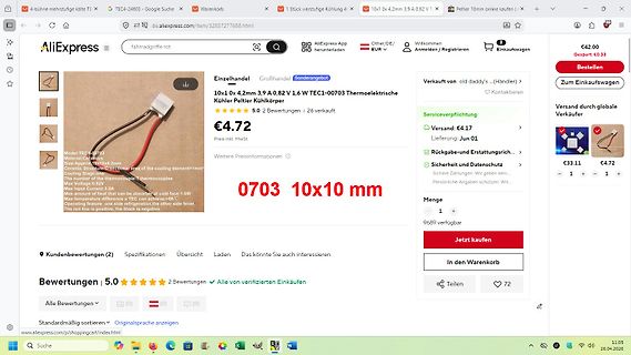 AliExpress Produktseite für TEC1-00703 Peltier-Element