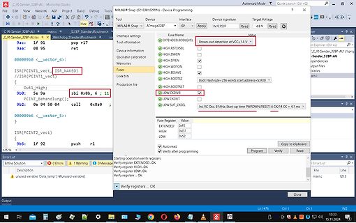Screenshot einer Mikrocontroller-Programmier-Software mit Fehlermeldung