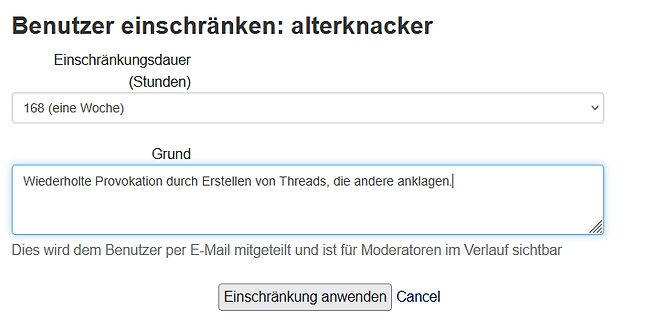 Moderationsmenü zur Benutzereinschränkung