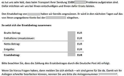 Entschuldigungsschreiben über Ersatzbetrag der Deutschen Post