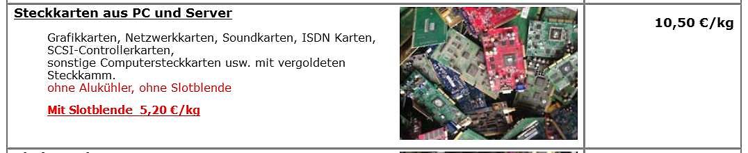 Preisliste für PC und Server Steckkarten