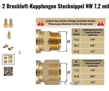 Produktseite mit Druckluft-Kupplungen und Gewindetabelle