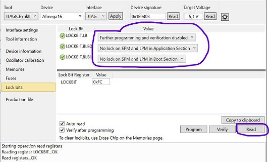 Softwareoberfläche zur Konfiguration der Lockbits eines ATmega16