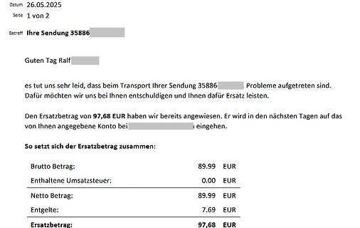 E-Mail über Ersatzbetrag für Sendung