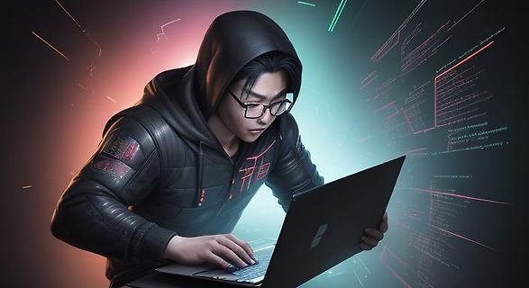 Mann mit Kapuzenpullover arbeitet am Laptop