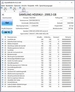 Screenshot der Software CrystalDiskInfo mit Festplatten-S.M.A.R.T.-Werten