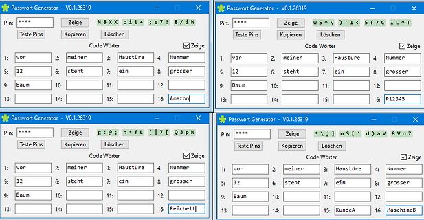 Vier Fenster eines Passwort-Generators