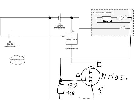 Handgezeichneter Schaltplan mit Batterien und N-MOSFET