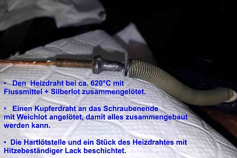 Lötstelle eines Heizdrahtes mit Kupferdraht