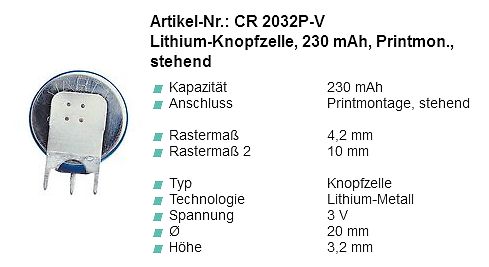 Produktdatenblatt einer Lithium-Knopfzelle