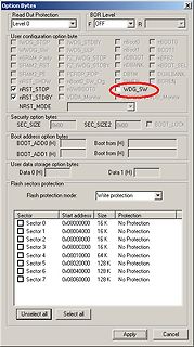 Konfigurationsmenü für Option Bytes eines Mikrocontrollers