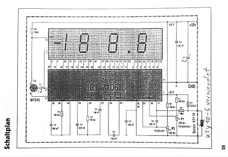 Schaltplan eines Temperaturmessgeräts mit LCD-Anzeige