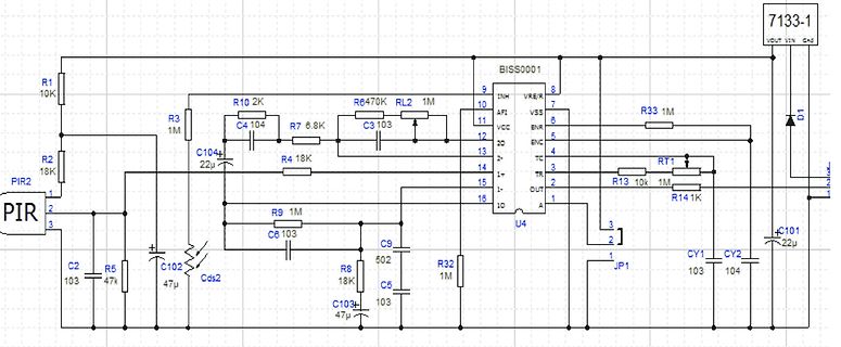 Schaltplan mit PIR-Sensor und BISS0001 IC