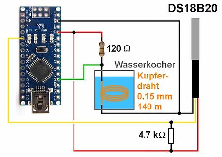 Schaltplan mit Arduino Nano und DS18B20 Sensor