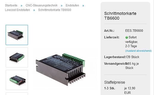 Produktseite einer Schrittmotorkarte TB6600