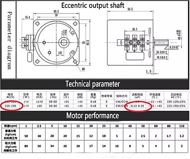 Technische Zeichnung und Datenblatt eines Motors