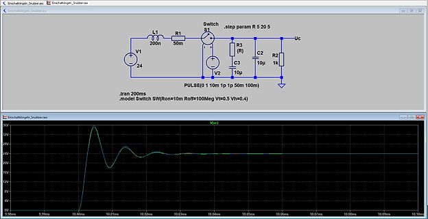 LTspice Schaltplan und Simulationsergebnis einer Snubber-Schaltung