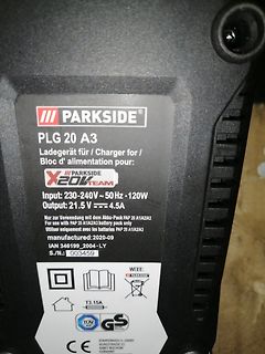 Typenschild eines Parkside Ladegeräts