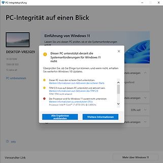 Windows 11 Systemanforderungen Fehlermeldung