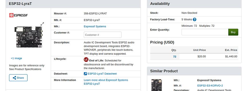 Screenshot einer Produktseite für ESP32-LyraT Development Board