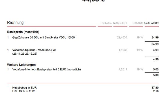 Ausschnitt einer Rechnung von Vodafone