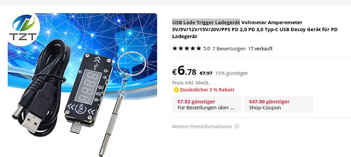 USB PD Decoy Trigger mit Voltmeter und Amperemeter