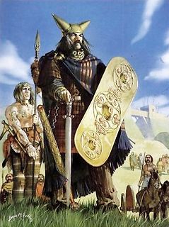 Illustration eines keltischen Kriegers mit Schild und Schwert