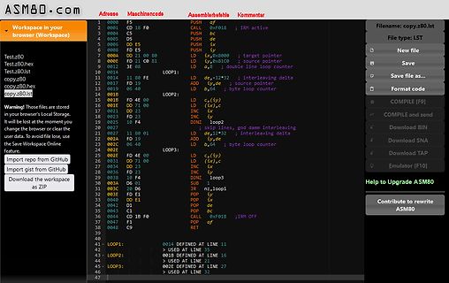 Screenshot eines Assembler-Editors mit Programmcode