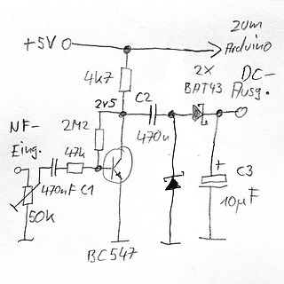 Handgezeichneter Schaltplan mit Transistor und Gleichrichter