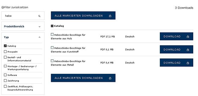Download-Bereich für Kataloge und Dokumente