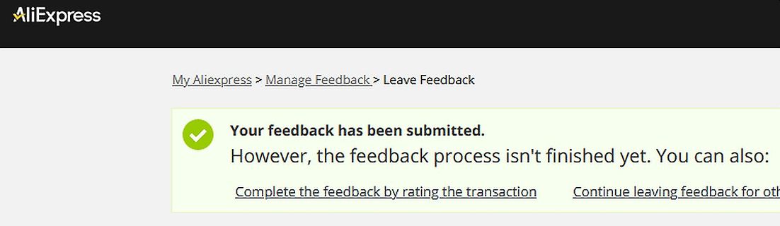 Bestätigung einer Feedback-Übermittlung auf AliExpress