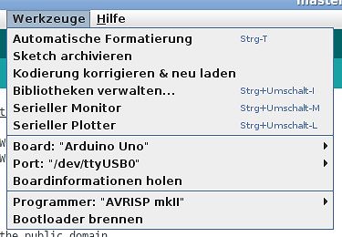 Arduino IDE Werkzeuge Menü