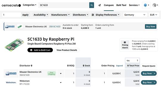 Screenshot eines Online-Shops für Raspberry Pi Pico 2W