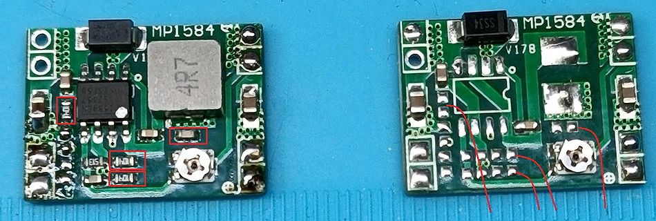 Vorder- und Rückseite einer MP1584 Step-Down Modul Leiterplatte
