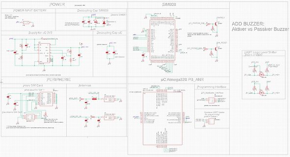 Schaltplan eines Mikrocontroller-Systems mit SIM808 Modul