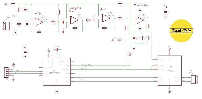 Schaltplan eines Ultraschall-Sensors mit Verstärker und Mikrocontroller