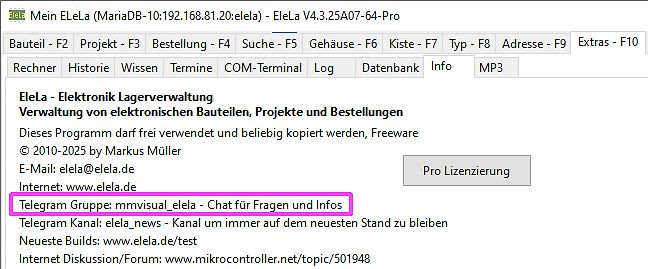 Info-Fenster der Software EleLa Lagerverwaltung