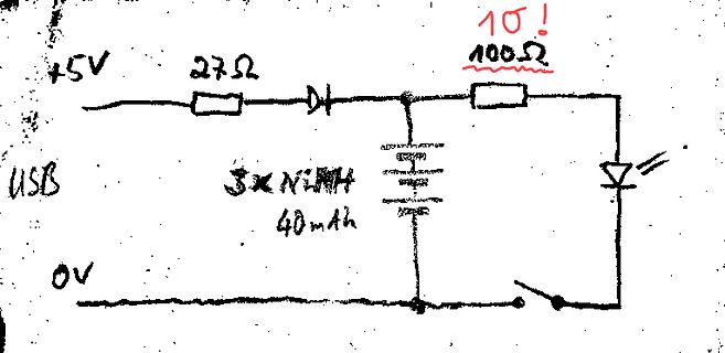 Handgezeichneter Schaltplan mit Akku und LED