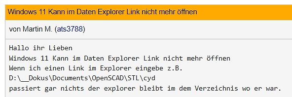 Forum-Beitrag zu Windows 11 Datei-Explorer Problem