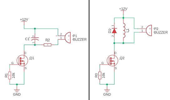 Schaltplan zweier Transistor-Schaltungen mit Summer