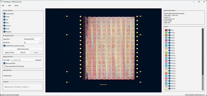 Screenshot der OrthoRoute PCB Autorouter Software