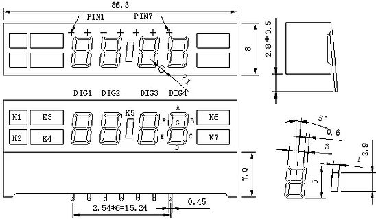 Technische Zeichnung eines 4-stelligen 7-Segment-Displays
