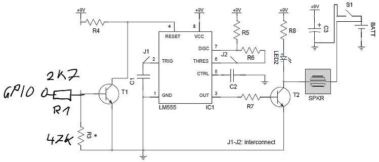 Schaltplan mit LM555 Timer und Lautsprecher